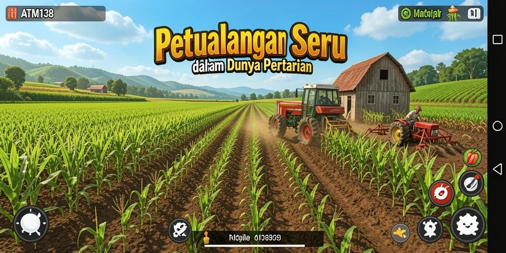 Tampilan screenshot utama ATM138 yang menunjukkan aktivitas bertani yang seru.