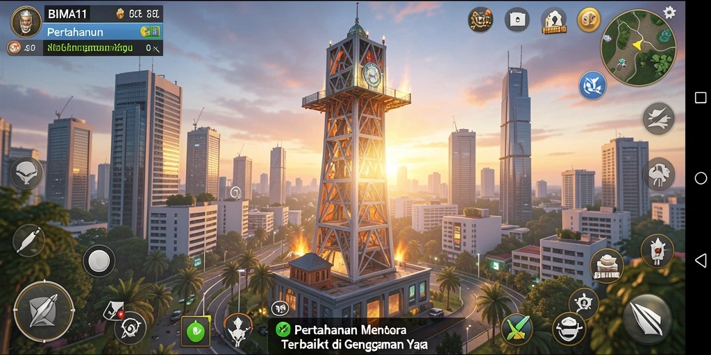 Screenshot BIMA11 menunjukkan gameplay intens dari Tower Defense.