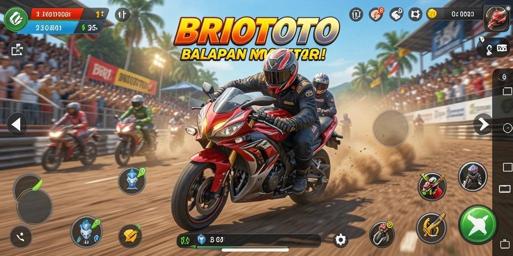 Screenshot gameplay utama BRIOTOTO menampilkan aksi balapan motor yang intens.