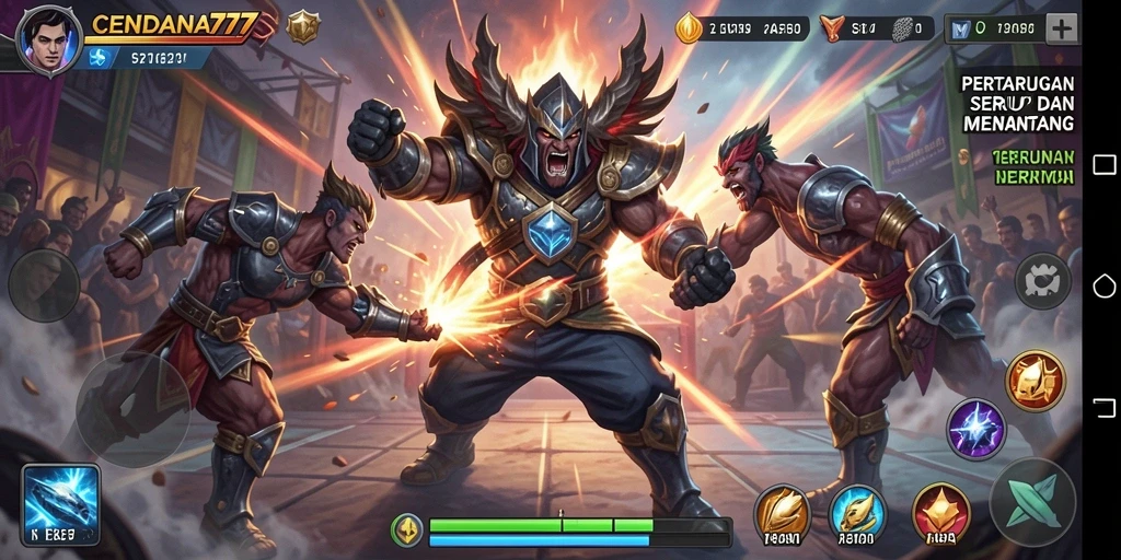 Tampilan gameplay CENDANA777 dengan pertarungan yang seru dan karakter menarik.