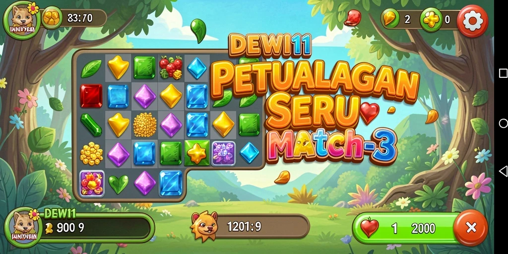 Contoh gameplay DEWI11 menunjukkan kombinasi permata penuh warna.