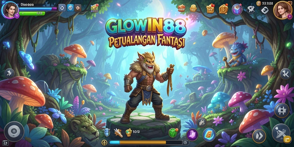 Screenshot utama GLOWIN88 menunjukkan karakter menjelajahi hutan lebat dengan detail grafis yang menakjubkan.