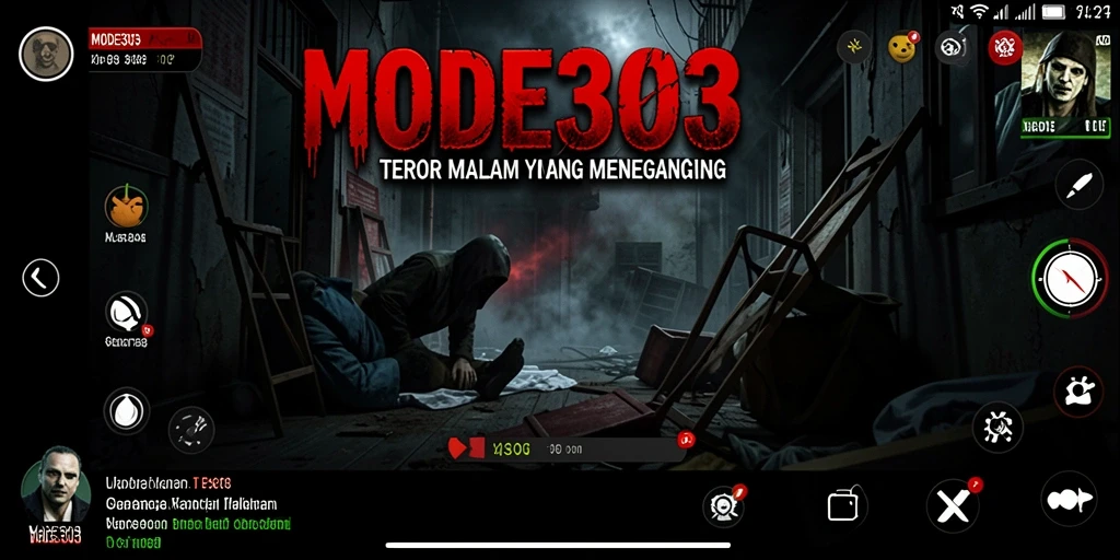 Tampilan gameplay menegangkan dan mencekam dari MODE303 di suasana gelap.