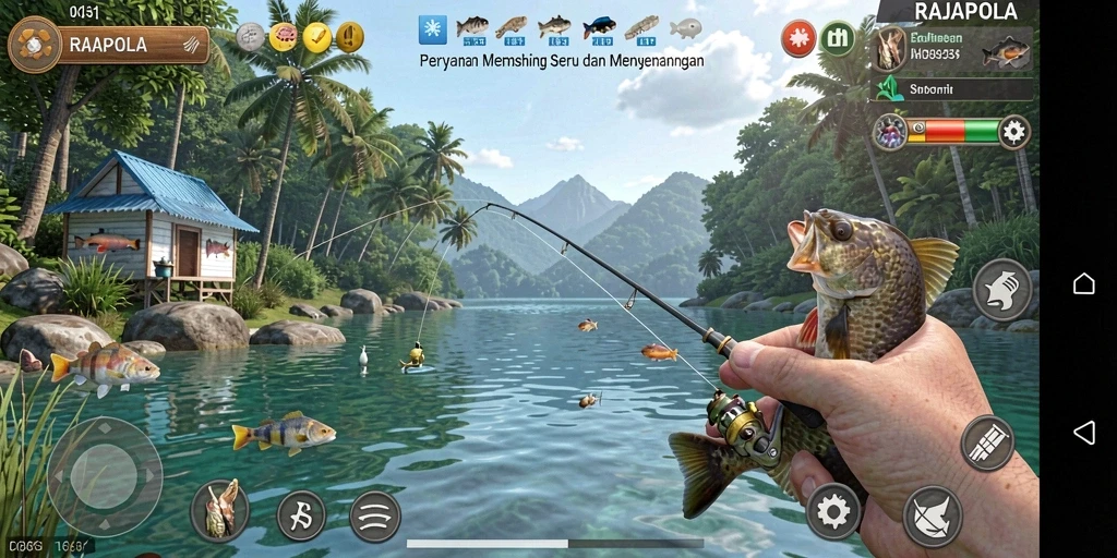 Tampilan utama gameplay RAJAPOLA menampilkan momen memancing yang seru.