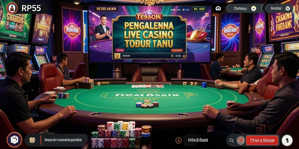 Screenshot gameplay RP55 dengan dealer langsung dan suasana kasino yang nyata.
