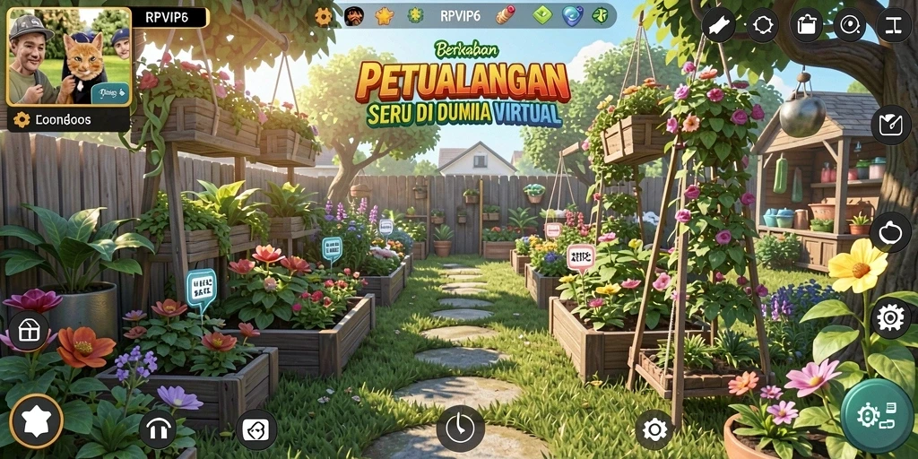 Gameplay RPVIP6 yang menampilkan kebun yang indah dan berwarna-warni.